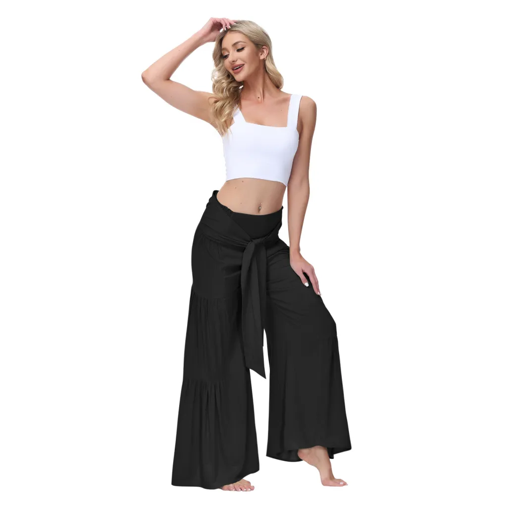 Stylish Lace-up Elastic-waist Pleated Wide-leg Pants Casual Slacks - Black