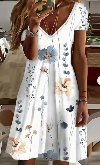 Women'S Casual Resort V-Neck Leaf Print Short-Sleeved Dress
