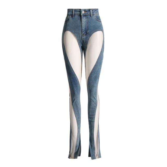 Hollow Irregular Patchwork Jeans Woman Blue - Shop at LoveMi