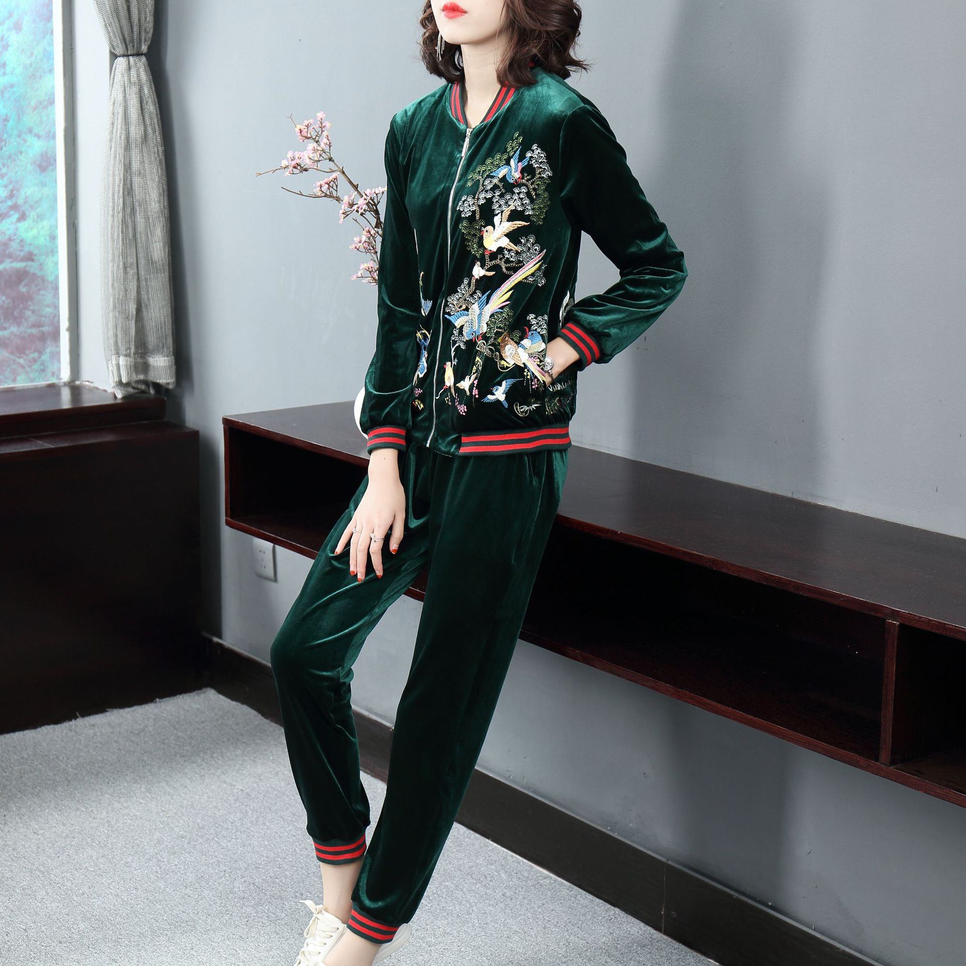 Ladies Aviary Embroidered Leisure Velvet Suit