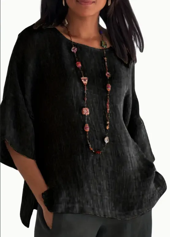 Women Fashion Casual Shirts Solid Color 3 4 Sleeve Round Neck Blouses Summer Loose Tops Streetwear Black - Shop at LoveMi
