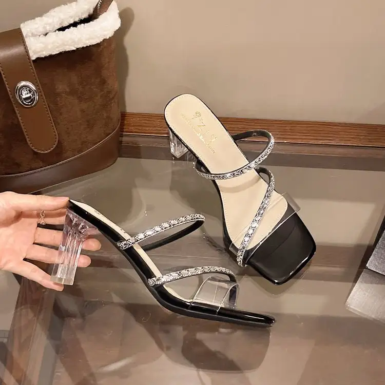 Elegant High-heeled Sandals Versatile, Simple, Rhinestone Silver Thick Heel Sandals