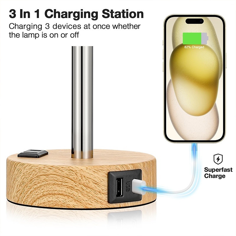 Bedside Lamps With 3-pin Plug, 3 Way Dimmable Table Lamp USB AC Charging