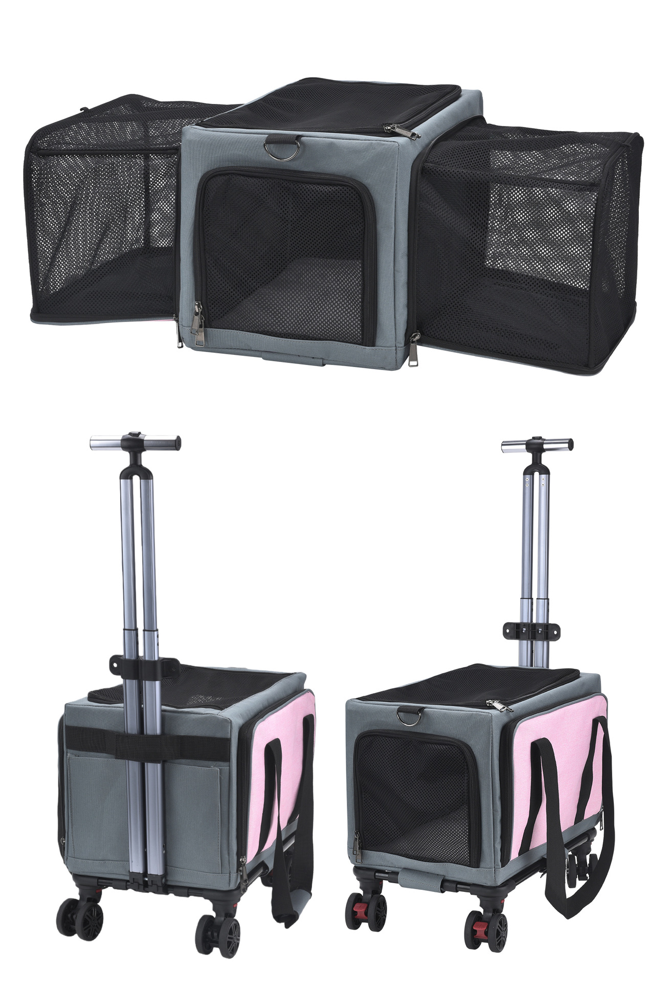 3-Sided Expandable Rolling Pet Carrier With Wheels, Small Cat Dog Travel Carrier, Foldable Portable Bag Grey  For Travel Camping Vet Outdoor Indoor Use — foto 11