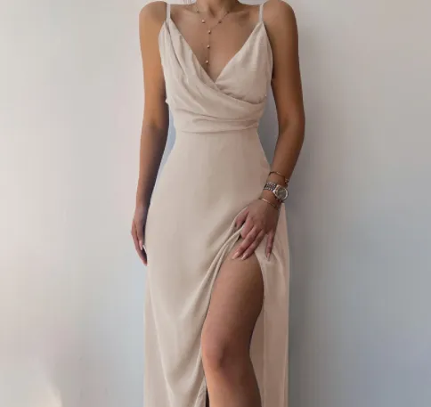 V neck Slit Sling Dress Summer Fashion Sexy Slim Suspender Dresses For Women Clothing Khaki - Shop at LoveMi