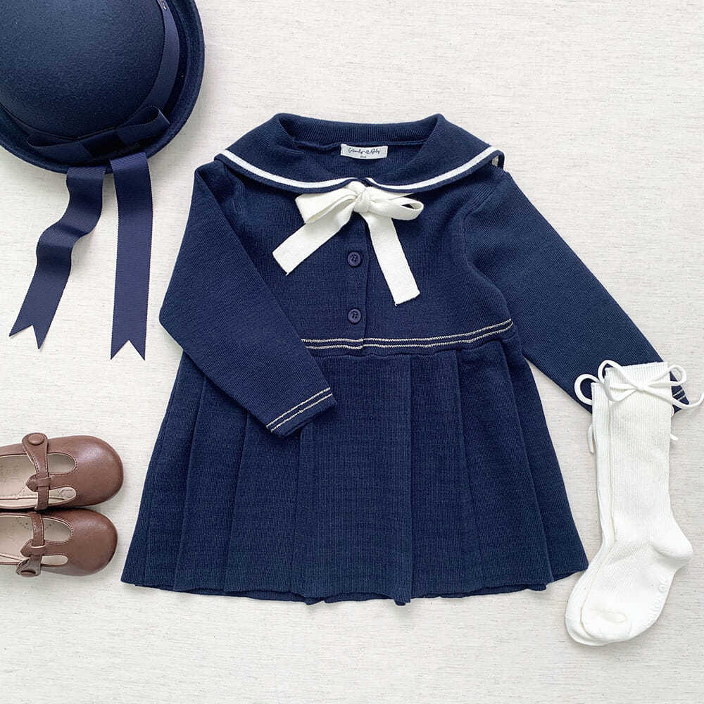 Girls' Knitted Navy Collar College Style Pleated Dress