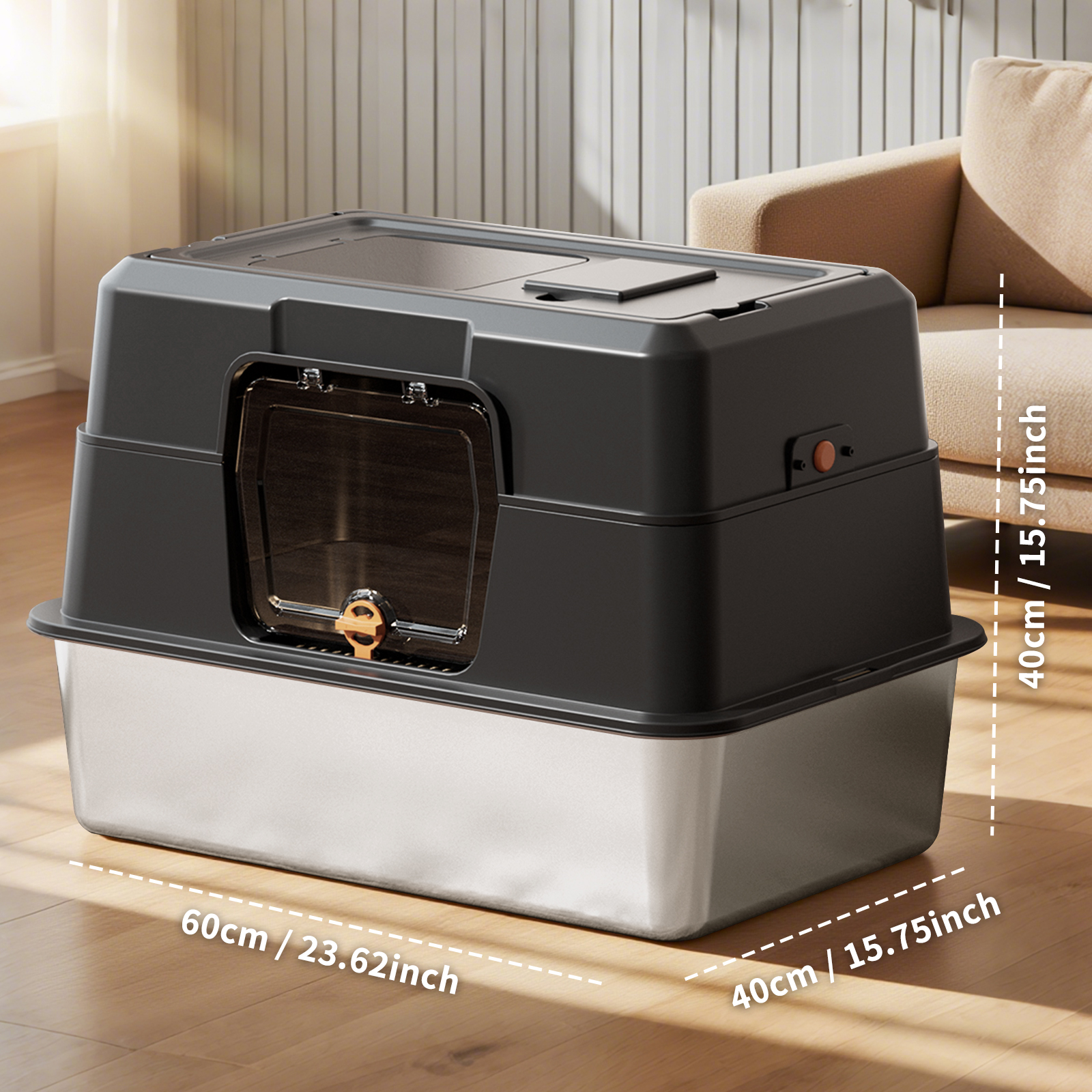 60-40-40cm Fully Enclosed Stainless Steel Cat Litter Box, Odor & Splash Proof Easy Clean, For Large Cats & Multi-Cat Households