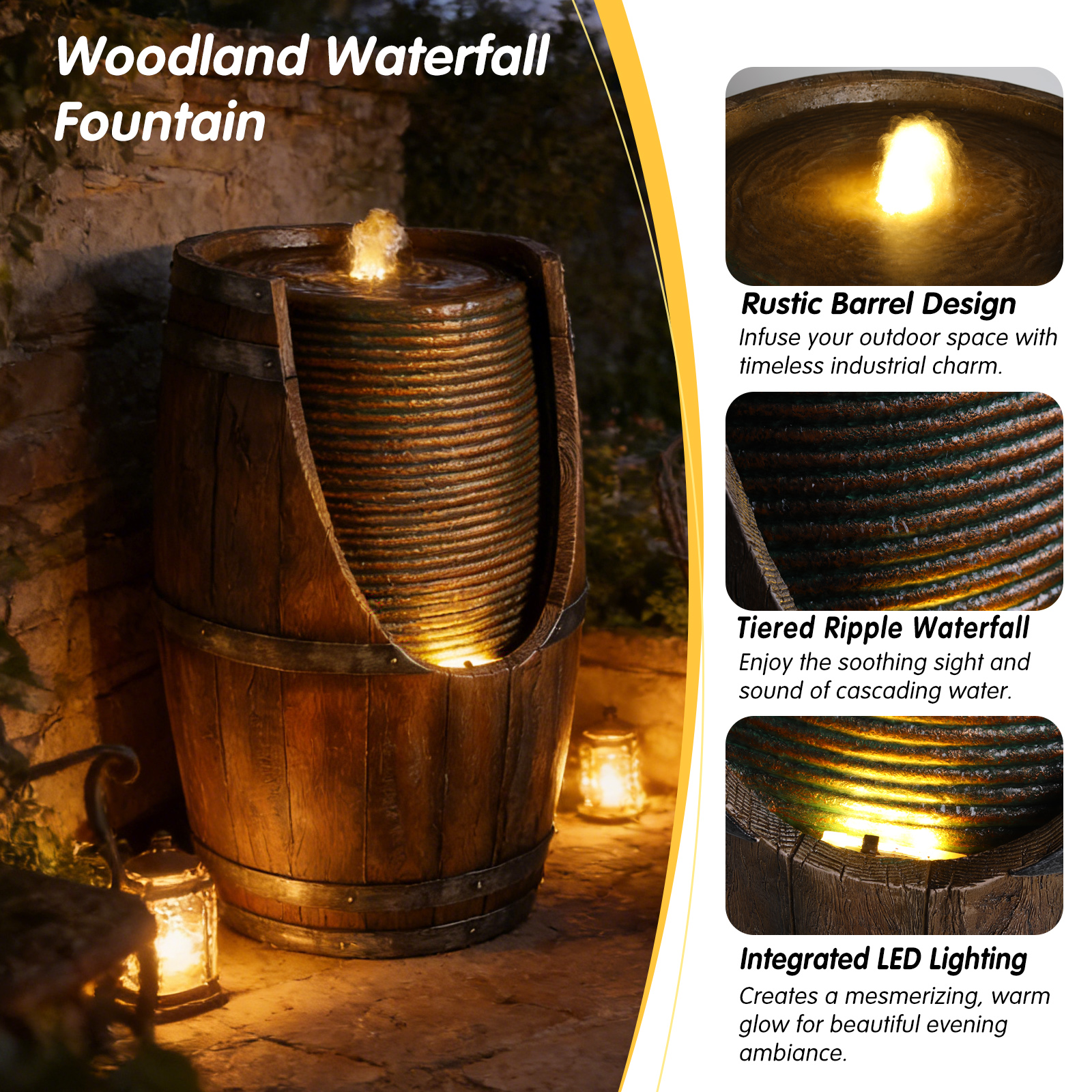 Outdoor Barrel Water Fountain With Lights Rustic Wood Look Resin Handmade Waterfall Garden Decor For Patio Yard Porch — foto 10