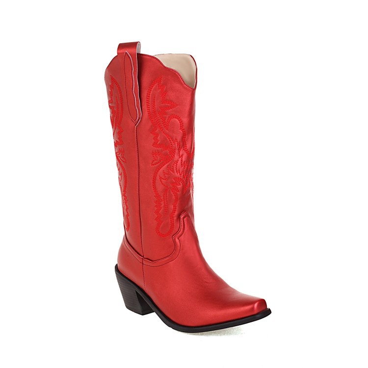 Embroidered Cowboy Western Boots Ladies Mid Cut Red - Shop at LoveMi