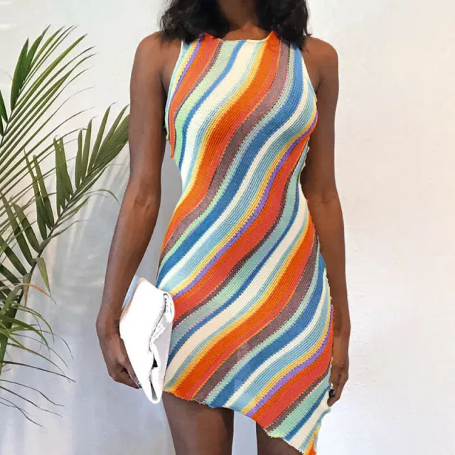 Fashion Slim Sleeveless Round Neck Striped Striped Dress Women 1Color - Shop at LoveMi