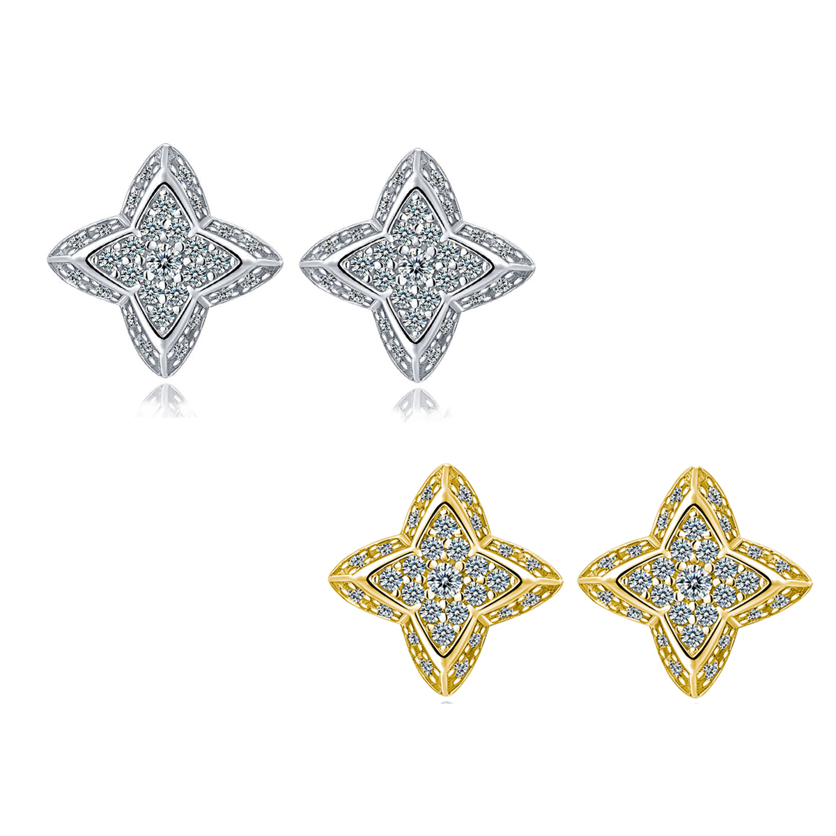 S925 Sterling Silver Four-Pointed Star Stud Earrings, D-VVS1 Moissanite Cluster, Platinum Plated 2g Women's Jewelry With Gift Box