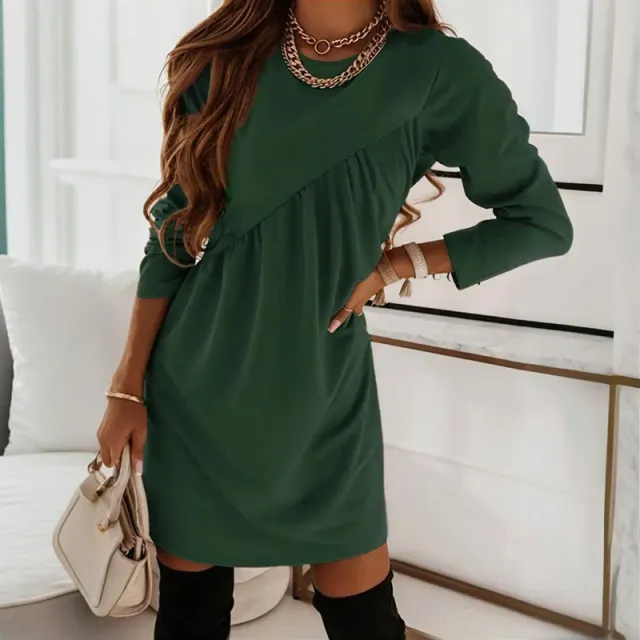 Women's Elegant A Line Dress With Pleated Detail, Solid Color Round Neck Office To Party Midi Dress Dark Green - Shop at LoveMi