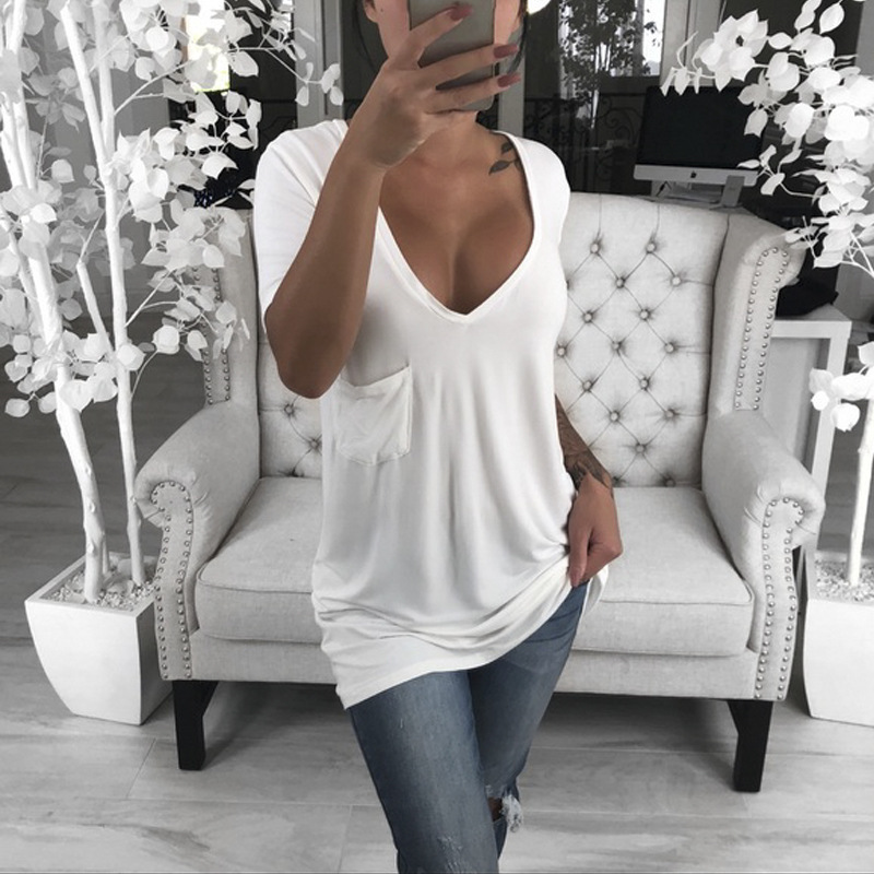 Title 6, Solid Color V-neck Chest Pocket Casual Top Wome...