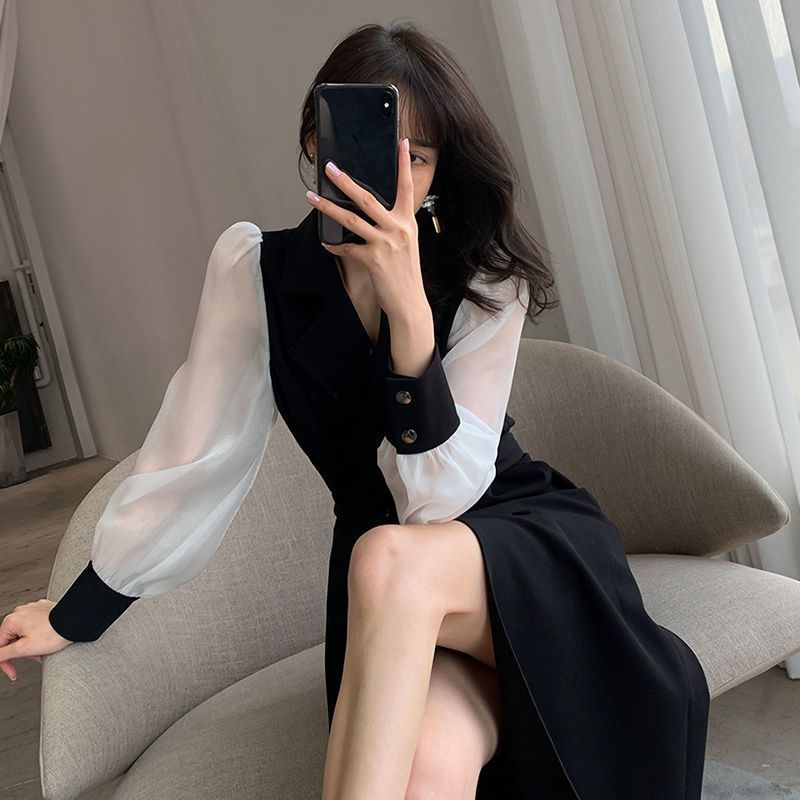 Black Long-sleeved Dress For Women Plus Size Stitching Suit Skirt
