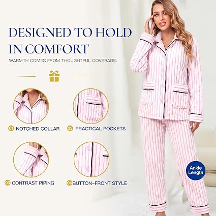 RONGTAI Ribbed Button Down Pajama Set Long Sleeve Plush Fleece PJs