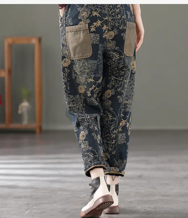 Women's Vintage Print Fleece Thickened Harem Jeans