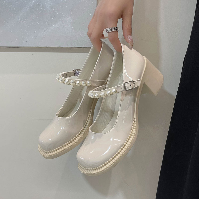 Pearl British Small Leather Shoes Female Summer Thin Section With Skirt Thick Heel Retro