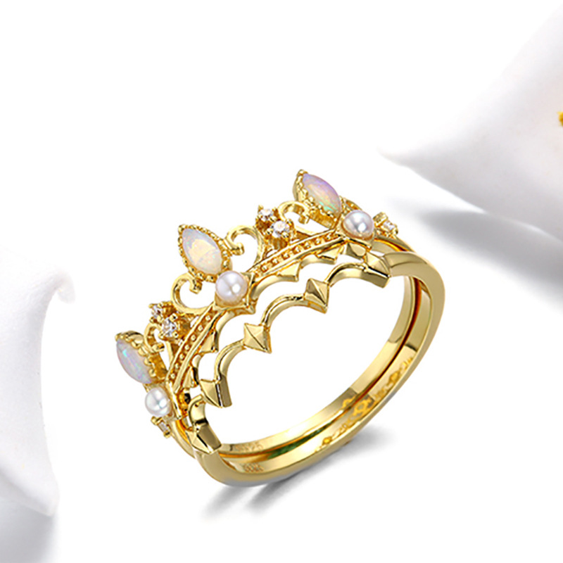 925 Sterling Silver Retro Pearl Crown Ring