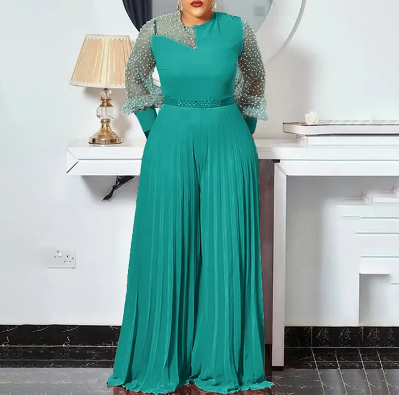 Fitted Waist Pleated One-piece Wide-leg Pants