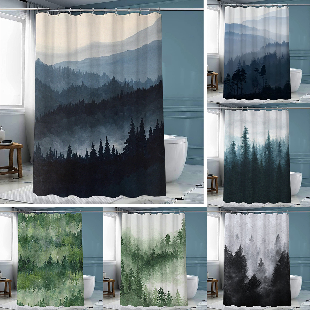 Ink Forest Shower Curtain Chinese Polyester With Hook