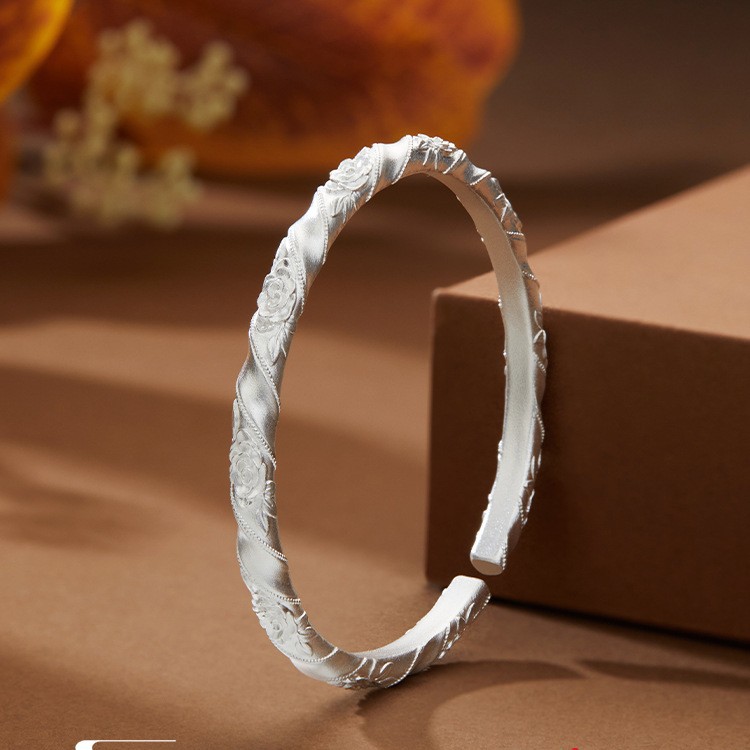 1pcs 925 Sterling Silver Twisted Embossed Rose Open Cuff Bangle, Vintage Elegant Style, For Daily Wear & Women Holiday Gifts