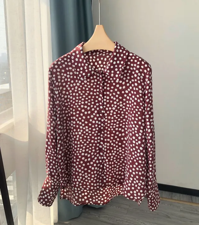Elegant Vintage Maroon Polka Dot Silk Lapel Long Sleeve Shirt Maroon Polka Dot - Shop at LoveMi