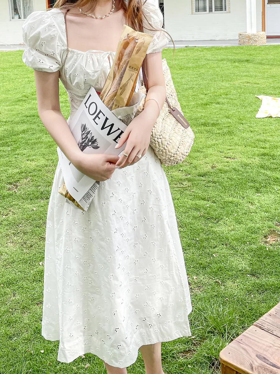 Cotton Embroidered Hainan Vacation Style Dress - White