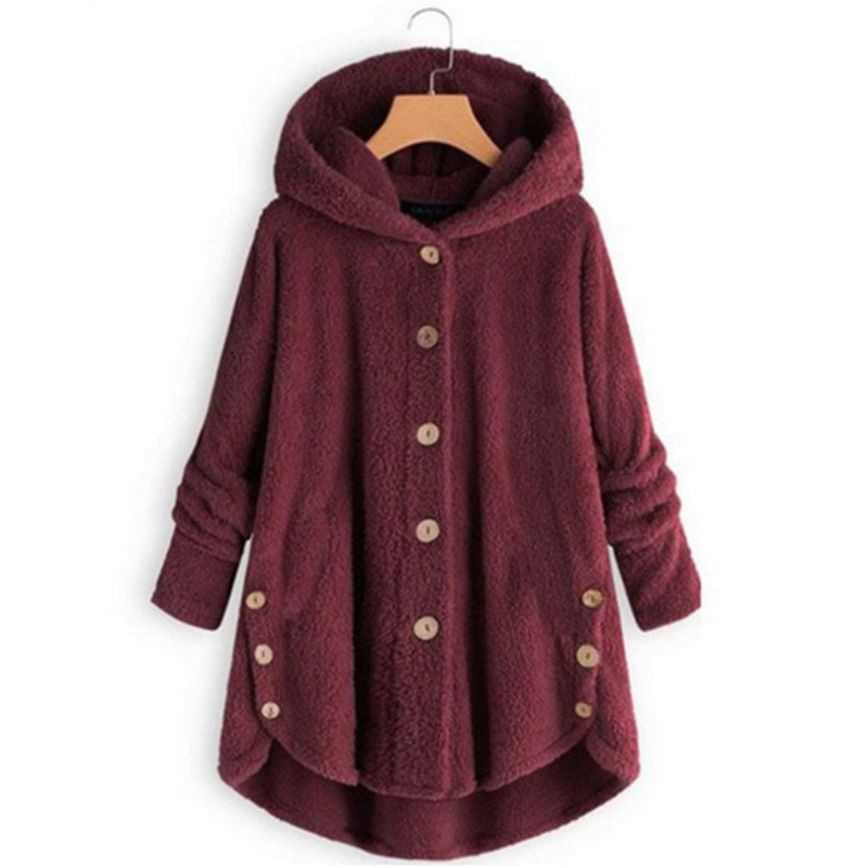 Plus Size Women's Vintage Sherpa Hooded Cardigan Plush Lined Button Up Jacket For Autumn And Winter Wine Red - Shop at LoveMi