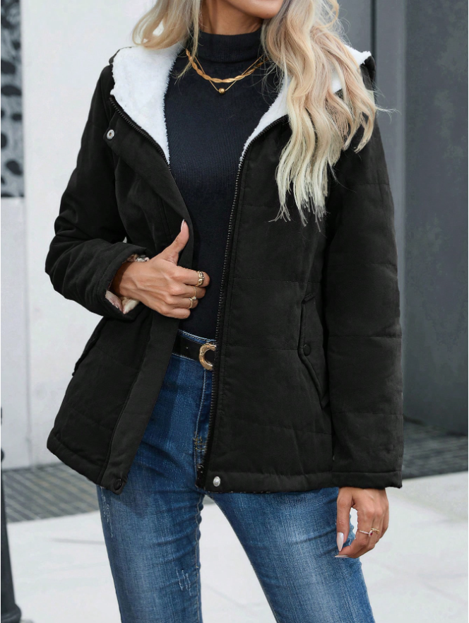 Women's Plain Zipper Front Hooded Fleece Casual Padded Padded Coat