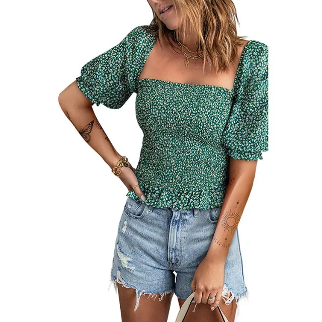 European And American Tops Women's Pullover Floral Square Collar Slim Short sleeved T shirt Green - Shop at LoveMi