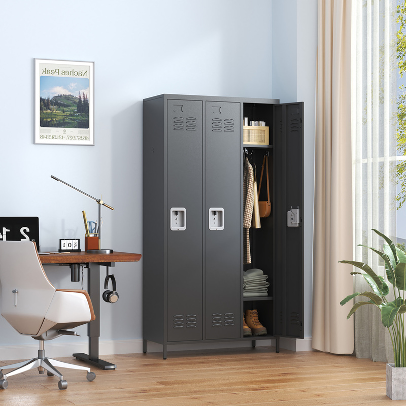 3-Door 72in Steel Locker W Locks For Employees, Storage Cabinet For Home Gym Office School Garage, Gray,Black 7