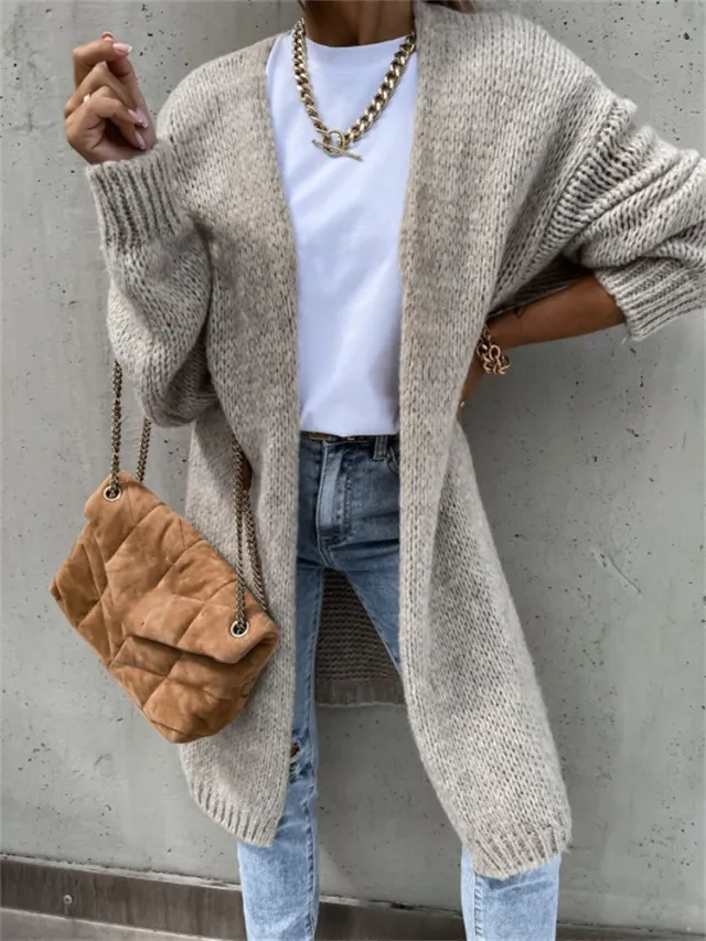 Autumn Solid Color Long Sleeve Knit Cardigan Jacket Grey - Shop at LoveMi