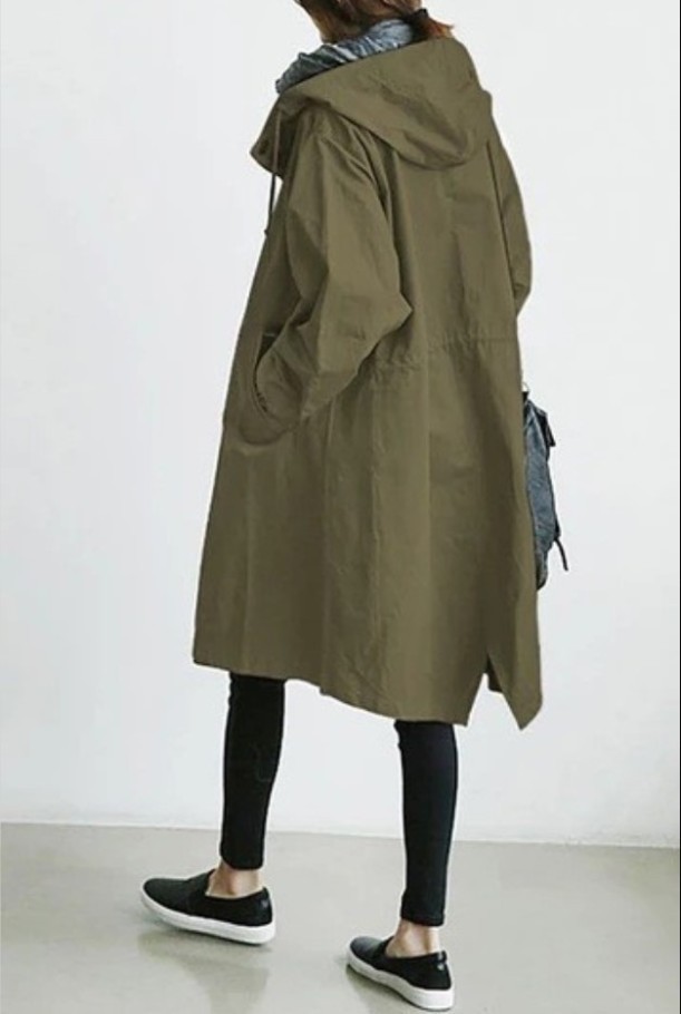 Casual Style Trench Coat For Women, Medium Length, Petite, Elegant Waisted Long-sleeved Coat