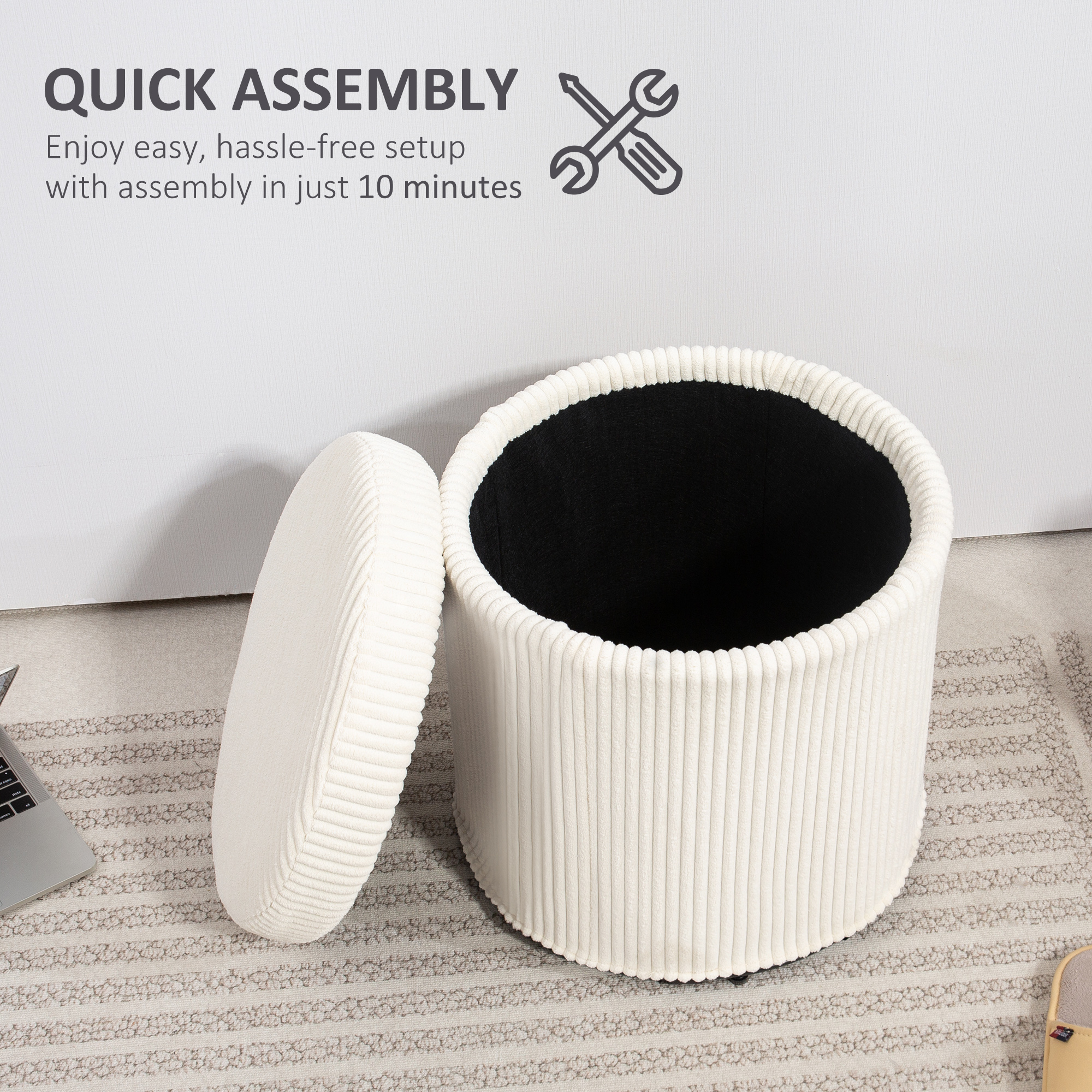 40cm Round Storage Footstool, Made Of Corduroy Material, With Detachable Lid — image 3