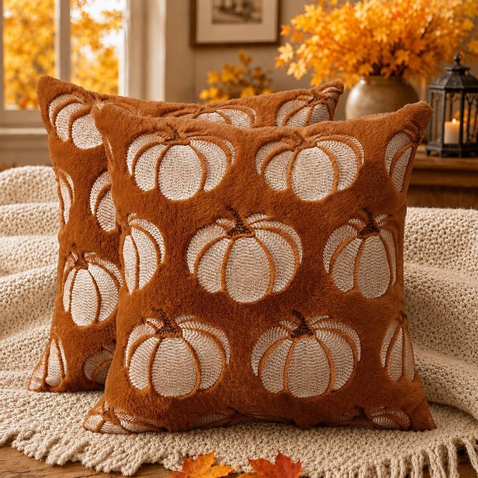Rust Pumpkin Plush Fall Pillow Cover, 18x18 Inch Soft Autumn Decorative Cushion Cover 6