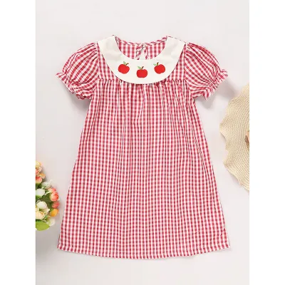 Toddler Kids Girls Back To School Dress Smocked Collar Puff Sleeve Plaid Embroidered Print Dress