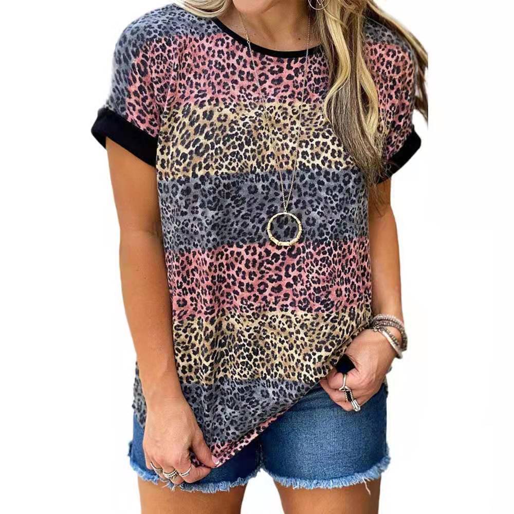 New Women's Leopard Print Round Neck Short-sleeved T-shirt Top