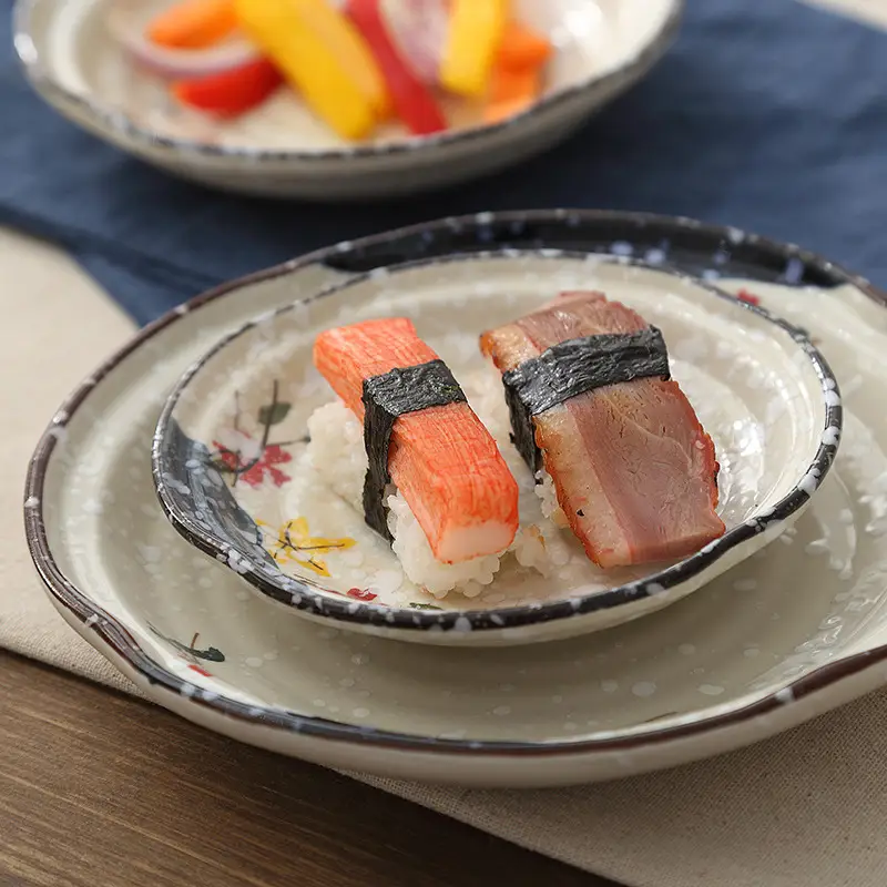 Japanese-style Round Ceramic Plate with Hand-painted Floral Pattern