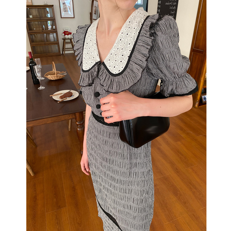 Checked Lace Butterfly Neck Dress, picture 2 of 5