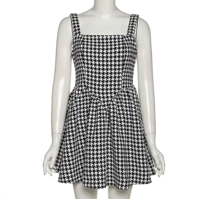 One Word Collar Backless Houndstooth Temperament Slim Dress Black - Shop at LoveMi