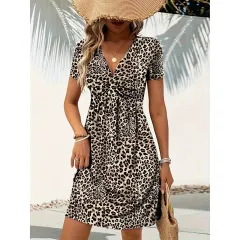 Women's Vibrant Leopard Print Twist Front V Neck Casual Summer Short Sleeve Bodycon Mini Dresses - Pattern3 - View 1