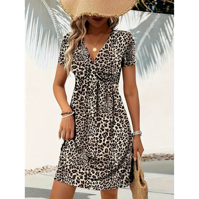 Women's Vibrant Leopard Print Twist Front V Neck Casual Summer Short Sleeve Bodycon Mini Dresses Pattern3 - Shop at LoveMi