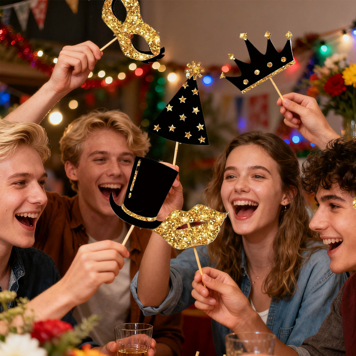 24-piece Birthday Party Photo Prop Set, Including Mustaches, Glasses, Hats, Wigs, And Crowns - Gold And Black Theme, Suitable For 40th, 50th, 60th Weddings, Graduations, Birthday Decorations, Selfie A