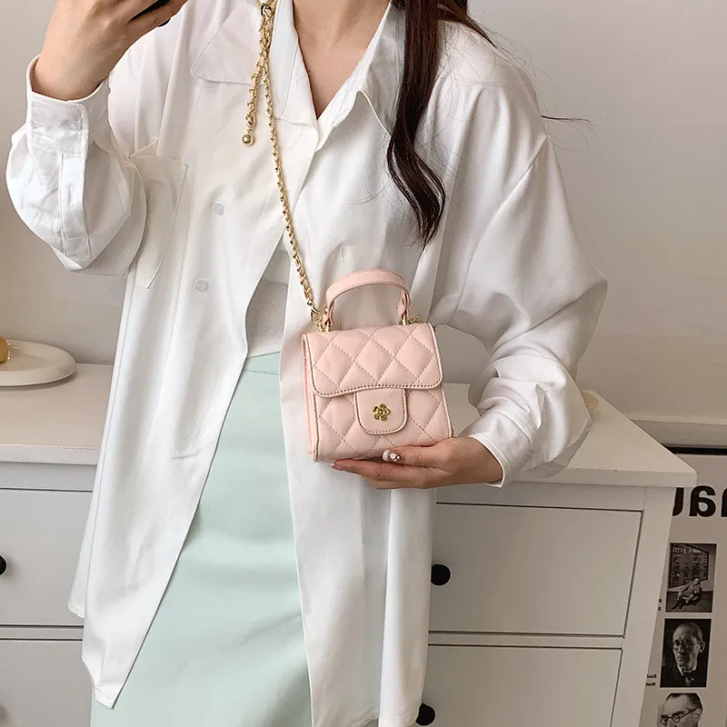 Portable Small Square Bag Chain One Shoulder Crossbody Satchel Lipstick - Pink