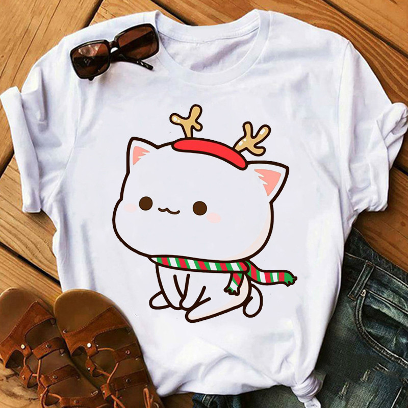 Title 9, Cute Cartoon Cat Print Couple White T-shirt Loo...