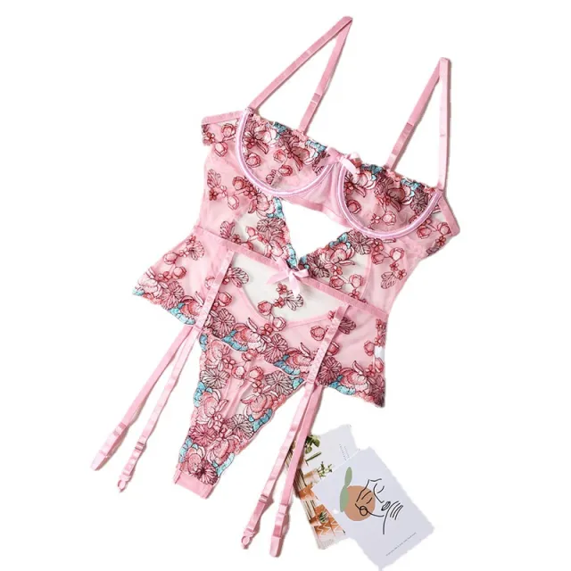 Embroidered Halter Hollow Sling Sexy One piece Pink - Shop at LoveMi