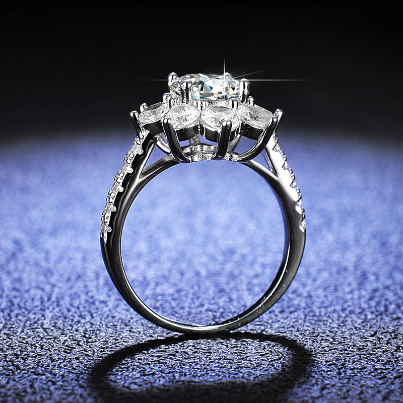 Women's Sunflower Flower Moissanite Silver Ring