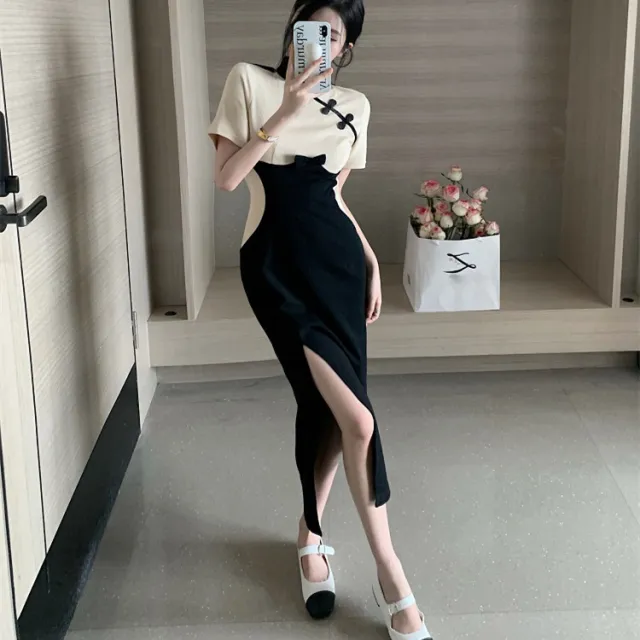 New Waist Stitching Slit Midi Skirt Black And White - Shop at LoveMi