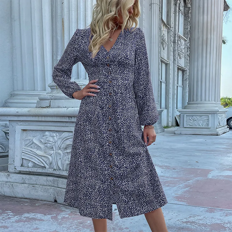 Long Sleeve Leopard V-Neck Cardigan Dress - Dark Blue