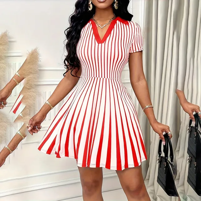 Women's Polo Dress Elegant Striped V Neck Short Sleeve A Line Dresses Red - Shop at LoveMi
